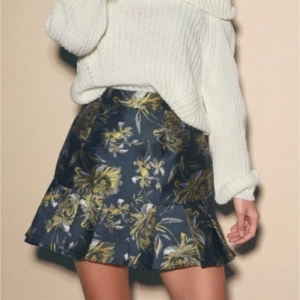 Lulus Navy Moment to remember jacquard trumpet mini skirt